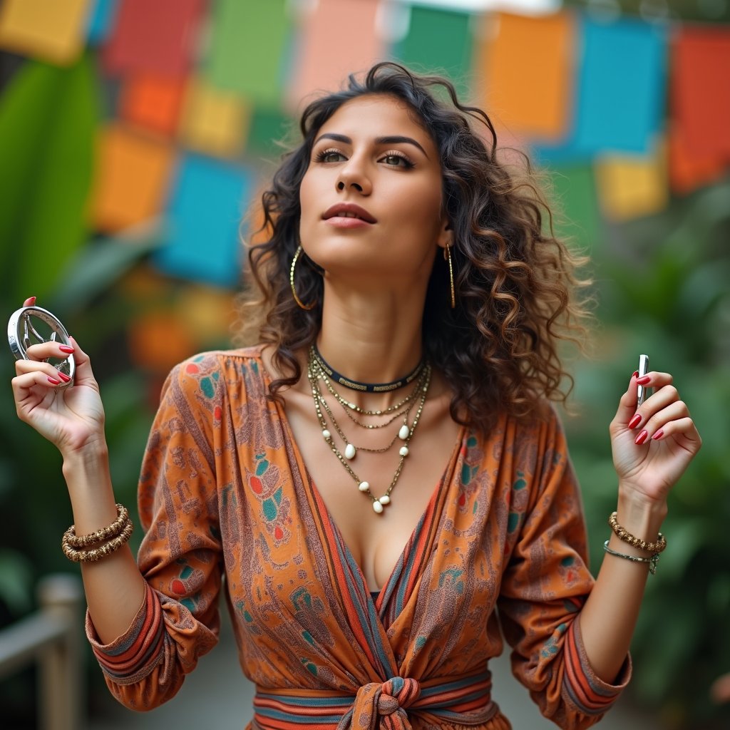 woman with bright smile and energetic pose, holding a tambourine, wearing a colorful outfit with a fun pattern, against a vibrant and playful background, radiating joy and enthusiasm while singing a catchy jingle.