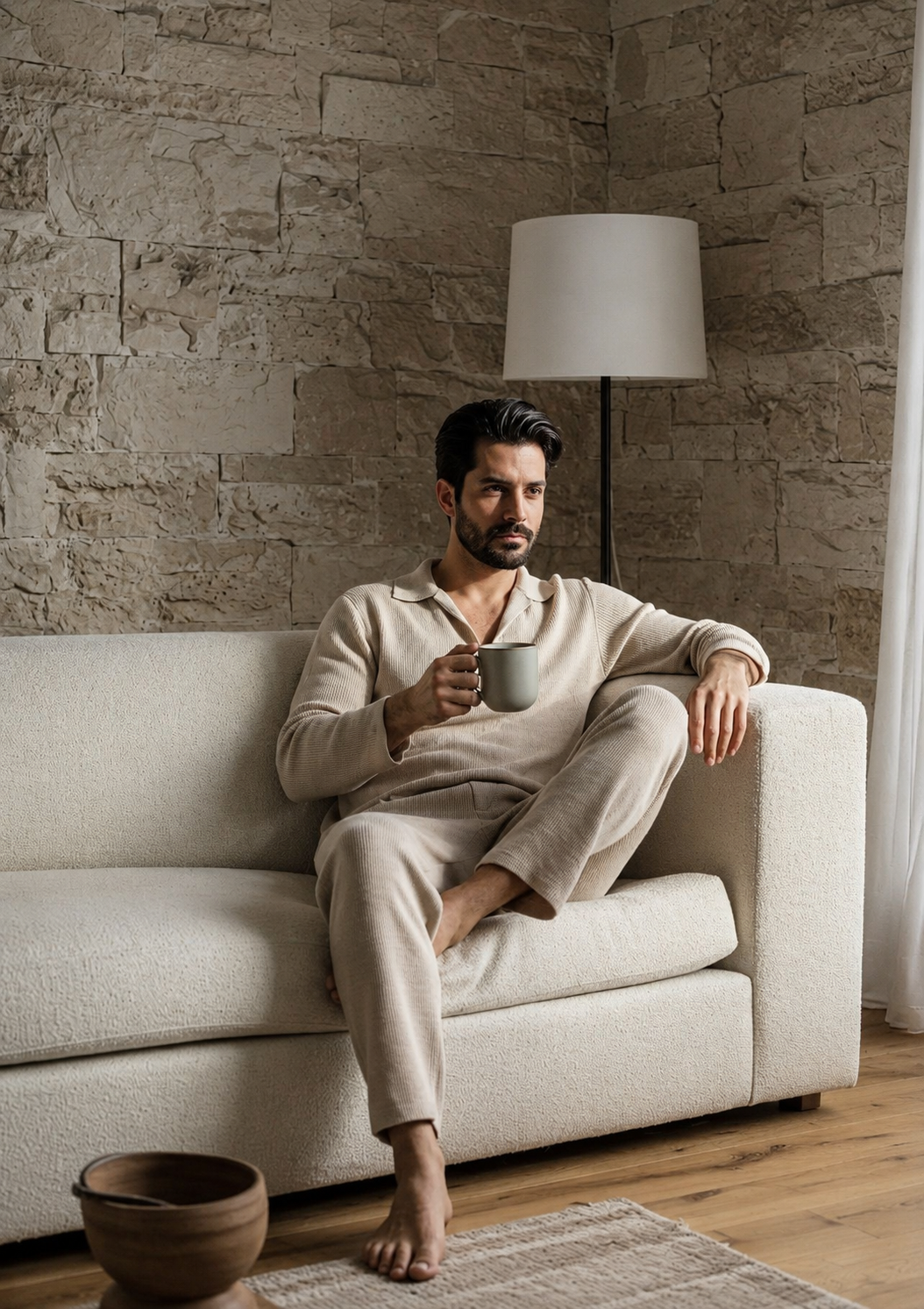 Man with dark slicked hair sitting on cream boucle sofa, soft diffused ambient interior light, neutral beige outfit, textured stone wall background
