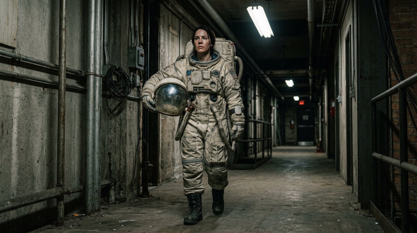 Haunted astronaut costume in a weathered space suit