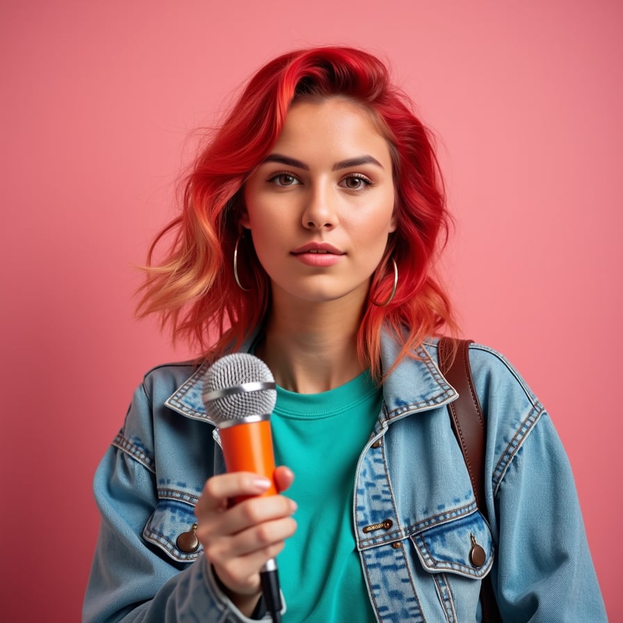 Generate a lively and eye-catching headshot of a woman with a big smile or an expressive, surprised look. She is styled in casual or trendy clothing, against a bright, high-contrast background. The image should exude energy and approachability, perfect for grabbing attention in thumbnails