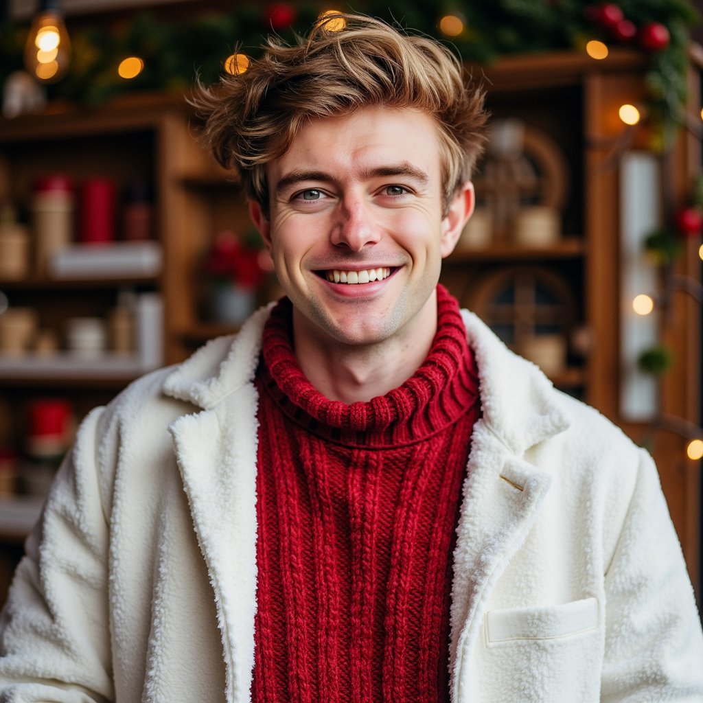 Waist-up portrait of a man in a playful Santa-inspired character look, standing slightly turned to the camera with a cheerful but calm expression (no motion). He wears a rich red coat-style sweater with white faux-fur trim on the collar, and a deep-red knit scarf layered neatly; fabric textures highly visible. Hair: slightly messy waves; light beard groomed for a festive look.
Lighting: warm Santa-workshop–style lighting—key light from the left giving soft highlights and a warm glow, subtle golden rim light adding definition.
Background: blurred holiday workshop touches—tiny warm lights, wood textures, soft greens and reds; clean composition, controlled bokeh.
Camera: 50mm f/1.6; highly realistic, highly detailed, HDR, showing fur edges, scarf stitching, and natural skin texture.