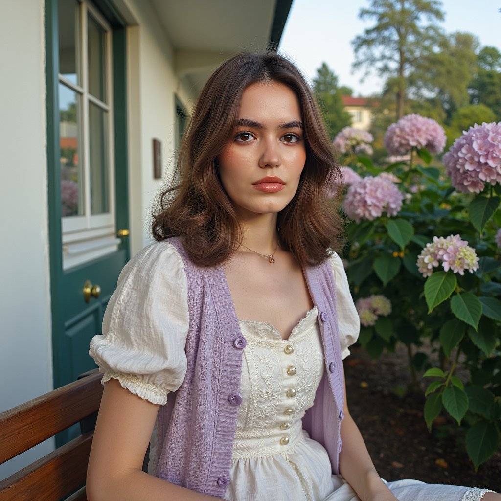 Highly detailed outdoor 1960s yearbook image of a girl seated on a wooden bench in the school’s garden, framed waist-up with a 50mm lens. She wears a cream blouse with puff sleeves in lightweight cotton, faint creases visible where her arms bend. Over it, a light cardigan in pale lilac, knitted with a delicate lace pattern, small pearl buttons fastened at the chest. Her hair is styled in shoulder-length curls with a silk scarf tied in a knot at the side. Skin is warm-toned with realistic sunlit glow on the cheekbones, a hint of mascara defining the eyes, and lips lightly tinted coral. She sits angled toward the camera, hands resting neatly in her lap, posture composed but relaxed. Background is softly blurred hydrangea bushes, their pastel blooms complementing her outfit, with golden-hour sunlight filtering through leaves.