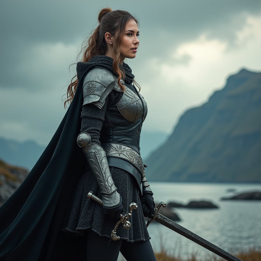woman in medieval warrior attire, wielding a sword with confidence and strength, posed against a dramatic, stormy sky backdrop