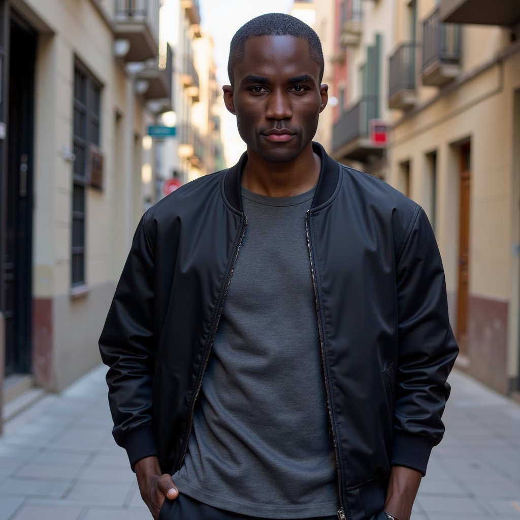 man wearing a sleek, dark bomber jacket over a fitted charcoal t-shirt, his body angled at a subtle thirty degrees, casting a confident gaze directly at the camera with a subtle, intriguing smirk. The harsh daylight sculpts strong, defined contours across his face, highlighting detailed skin texture, while the crisp edges of his clothing are sharply rendered against the softly blurred backdrop of a gritty city alleyway, subtly lit by the urban glow.