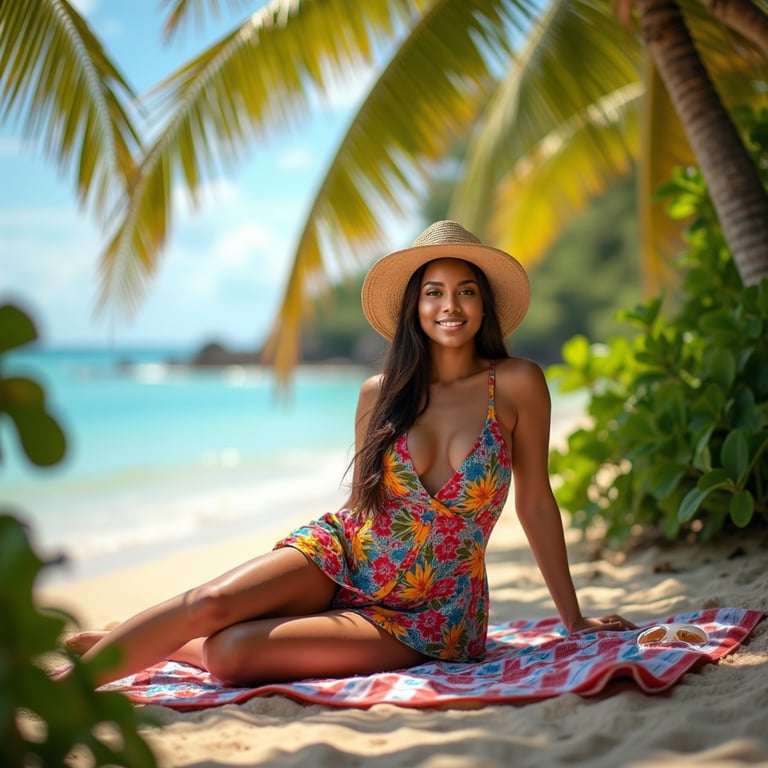 woman in a colorful swimsuit, lying on a beach towel, with a pair of sunglasses 