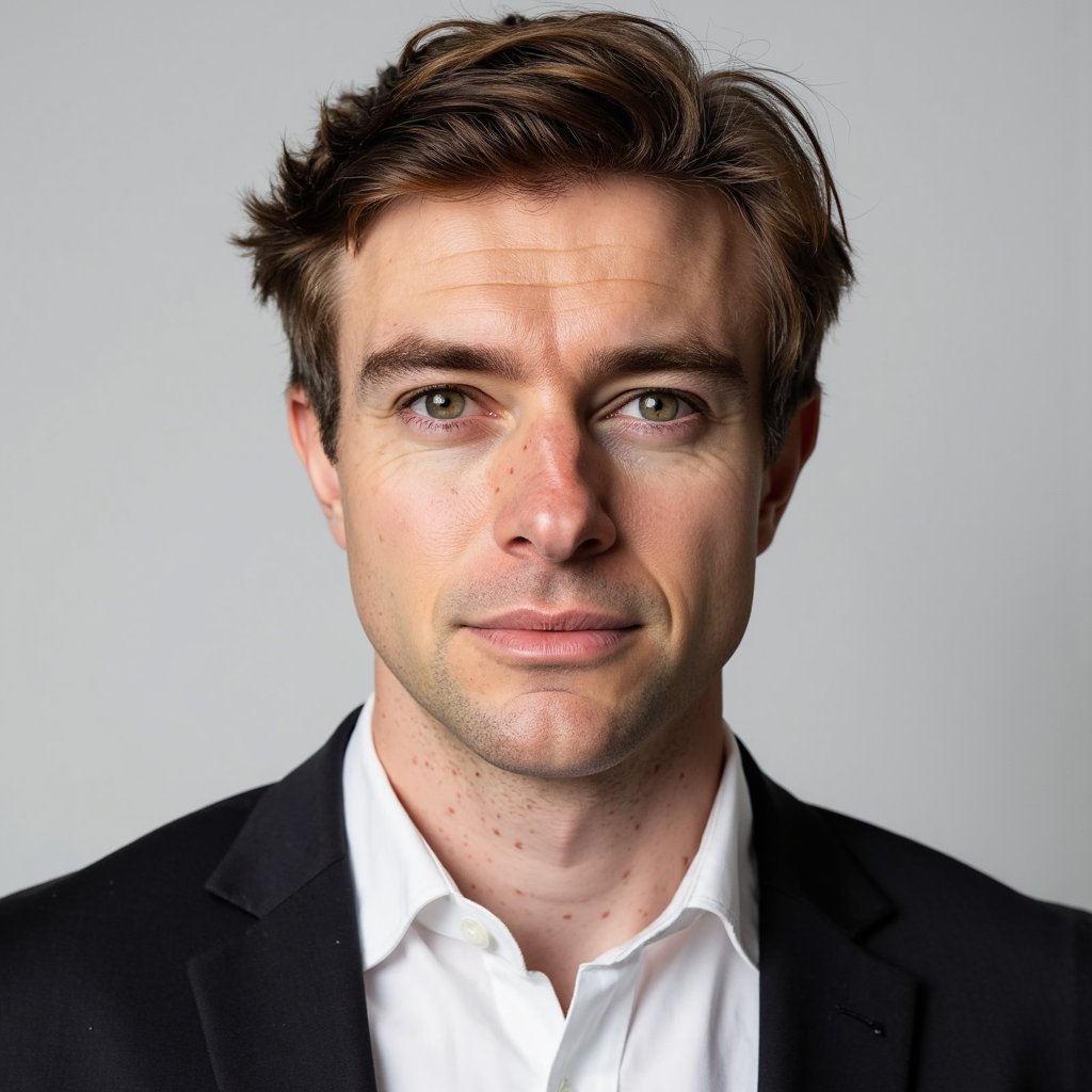 A highly detailed, highly realistic HDR passport-style headshot of a man in his early 40s. He has medium-length dark brown hair brushed back neatly and a clean-shaven face. He wears a crisp white dress shirt with a classic pointed collar, displaying finely textured cotton fabric. The lighting is perfectly even, soft studio lighting with no shadow or falloff anywhere on the face. The background is a pure matte light gray, completely smooth and uniform. Camera angle is direct, centered, perfectly leveled with his eyes. His expression is neutral and relaxed, with subtle micro-details like pores, light reflections in the eyes, and soft fabric folds on the shirt clearly visible. Extremely formal and standard for official passport photography.