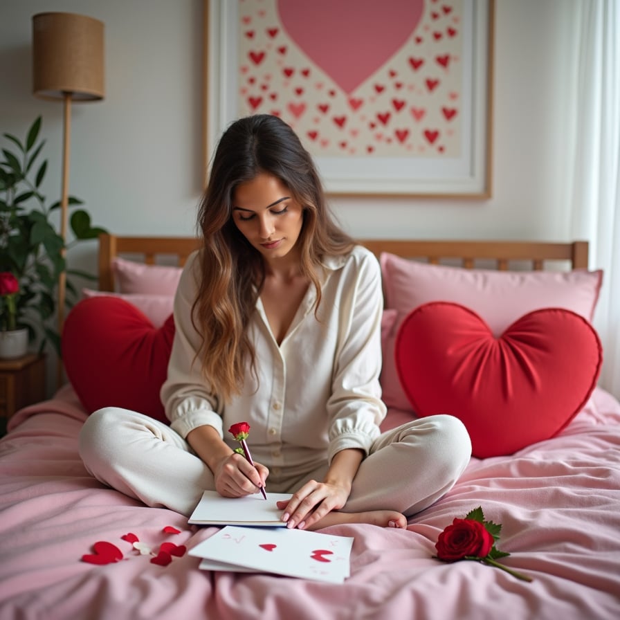 A model sitting cross-legged on a bed covered with heart-shaped pillows, writing a love letter on fancy stationery, while surrounded by Valentine's cards and flowers.