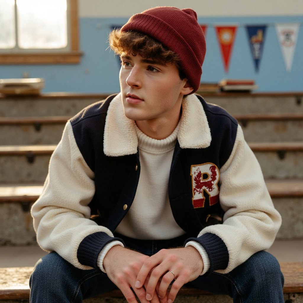 Hyper-realistic 1960s male student seated casually on wooden bleachers, framed mid-thigh up with a 50mm lens. He wears a wool varsity letterman jacket in navy blue with cream leather sleeves, a large stitched felt letter on the chest, threads slightly frayed at the edges. Underneath, a white crewneck sweatshirt in thick cotton fleece, fabric pile visible at the cuffs. A knitted beanie in maroon is pulled snug over his hair, which peeks out in short, clean sideburns. Skin is lightly tanned with a scattering of freckles on the nose and a faint scar near the right eyebrow. His hands rest loosely on his knees, posture relaxed, gaze off to the right with a thoughtful half-smile. Late afternoon sunlight grazes across his cheek, creating soft side-shadowing. Background is blurred rows of bleachers with faint woodgrain texture and weathered bolts catching specular highlights.