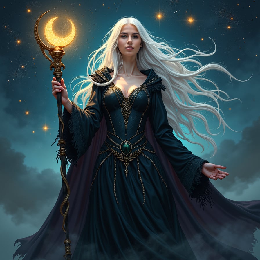 Illustrate a celestial vampire sorceress floating in a night sky filled with stars and swirling nebulas. Her long silver hair blends with the constellations, and her skin glows faintly as if reflecting moonlight. She wears a mystical gown with shimmering, galaxy-like patterns and holds an ancient, glowing staff with a crescent moon symbol. Her expression is serene but intense, and the stars around her pulse with an eerie, supernatural energy.