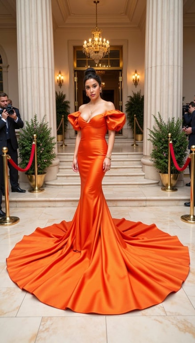 A full-body high-fashion red carpet portrait of a woman wearing a vivid tangerine-orange couture dress with a sculptural satin bodice, voluminous puff sleeves, fitted mermaid skirt, and a dramatic circular train spreading across the floor. Add gold jewelry, sleek bun hairstyle, glowing makeup, and a poised confident expression. Set at a Met Gala-style entrance with photographers, floral installations, and premium event lighting. Photorealistic, bright, luxurious, editorial fashion image.