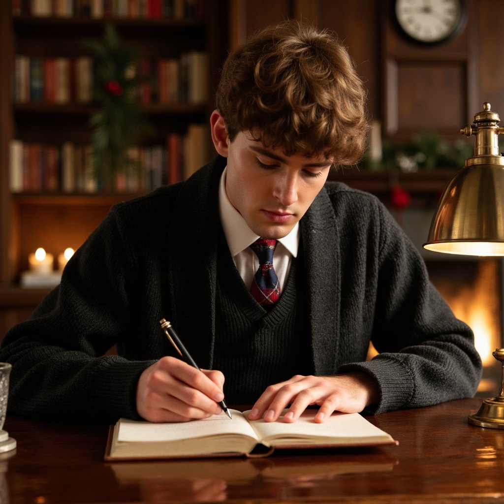 Man at a vintage mahogany desk writing in a leather-bound notebook, soft lamplight on his face. Hairstyle: side-part, slightly undone; faint stubble. Attire: thick wool cardigan over white oxford shirt, plaid tie loosened. Fabric details: wool knit definition, cotton creases, polished leather edge of notebook. Camera: side angle, 70mm, f/2.2. Lighting: single warm brass lamp key, shadows cast across hands and pages. Background: blurred bookshelves, clock, faint holiday garland—balanced composition. Pose: leaned forward, focused expression.
Render: highly detailed, highly realistic, HDR; light reflecting on ink pen, paper grain visible, lifelike ambiance.
