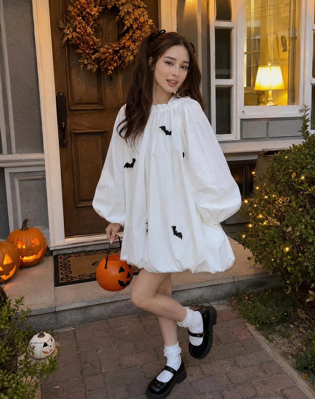 Create an exceptionally realistic, candid Halloween photograph of the woman from