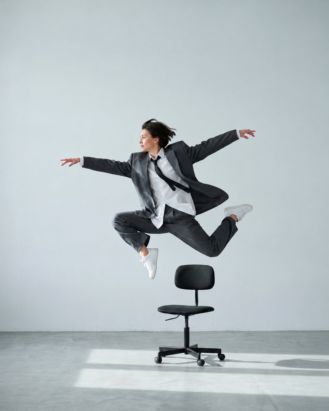 Photograph of a dancer leaping above an office
chair