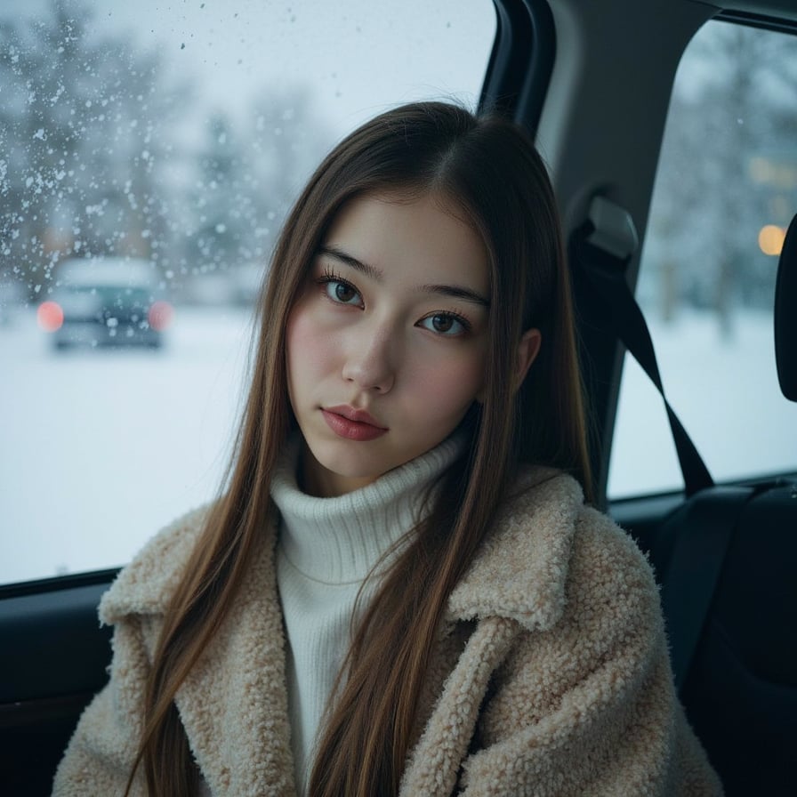 woman chest-up sitting inside a car with frosted windows, soft winter light entering from the side, snow visible outside the glass, blurred headlights in the distance, clean framing, highly detailed, HDR