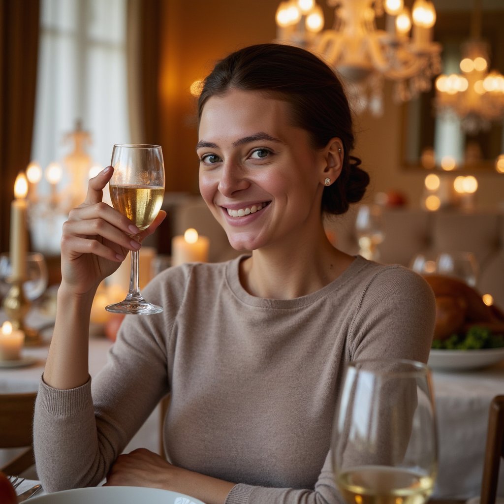 Hyperrealistic, highly detailed HDR waist-up image of a woman (female, ~29 yrs) at a Thanksgiving dinner table, mid-gesture raising a glass slightly. She wears a soft taupe cashmere sweater with subtle ribbing at cuffs. Her hair is tied back in a relaxed bun, with a few loose curls framing her face. Warm golden light from candles and chandeliers wraps softly around her figure. Focus sharp on her hand and face, background blurs into rich tones of amber and brown — glassware bokeh and faint turkey centerpiece visible but not sharp. Natural expression of joy and gratitude. Realistic reflections and fabric texture. HDR, high resolution, high quality, highly detailed, photorealistic.