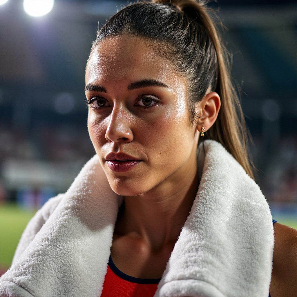 Headshot of a female sprinter post-race, breathing heavily with towel around neck, expression of fierce focus, subtle motion blur behind her
