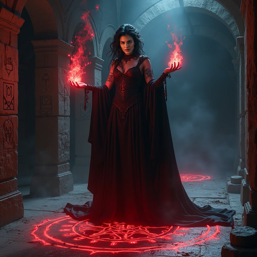 Show a powerful blood mage vampire casting a ritual in a dark underground chamber, illuminated only by the glow of red symbols carved into the stone floor. She has wild, dark hair, intricate tattoos covering her arms, and wears a cloak that looks like flowing blood. Her hands are raised, and magical red energy swirls around her, filling the air with an ominous glow. The chamber is ancient and cavernous, with walls covered in strange, forbidden symbols.