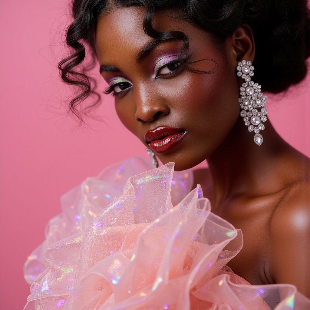 woman wearing a stunning couture gown that shimmers with an iridescent sheen, styled with delicate yet striking statement jewelry featuring cascading diamond rhinestones that echo the glittery eye makeup and diamond rhinestones around her eyes. Her glossy red lips are slightly parted in a playful expression, complemented by her hair styled in loose, messy curls. She is set against a solid, high-contrast studio backdrop in pastel pink, dramatically highlighting her form. The scene is illuminated by professional studio lighting with spotlight reflections catching the rhinestones and gloss, creating a perfect balance of highlights and shadows that sculpt her hyperreal skin and facial features. The gown's fabric possesses a luxurious sheen and intricate detailing. Hyper-detailed, sharp focus, stunning clarity.