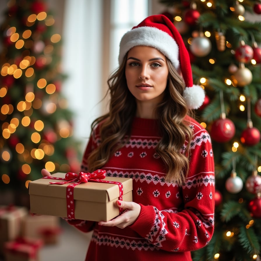 woman holding a wrapped gift in her hand, wearing a festive holiday sweater and Santa hat, standing in front of a decorated Christmas tree, surrounded by twinkling lights and ornaments, with a warm and cozy winter wonderland background, capturing the joy and excitement of the holiday season.