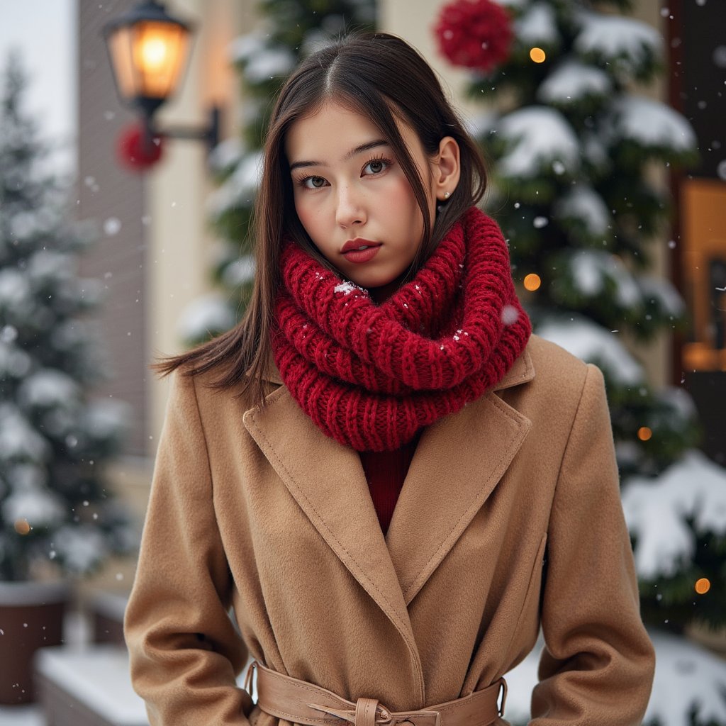 Waist-up winter portrait of a woman outdoors in softly falling snow (snow frozen in shallow DOF but no subject motion). She wears a camel wool coat belted at the waist and a thick red knitted scarf with visible chunky stitching. Hair: straight, long, tucked inside the scarf; a few flyaway strands adding realism. Makeup: satin warm-nude lips, lightly flushed cheeks, soft brown eyeliner. Lighting: natural overcast daylight softened by snow, with a faint silver reflector fill from below. Background: blurred evergreen trees with a few warm twinkle lights; minimal clutter. Camera: 85mm f/2, eye-level; highly realistic, highly detailed, HDR, clear snowflakes on hair and coat fibers.