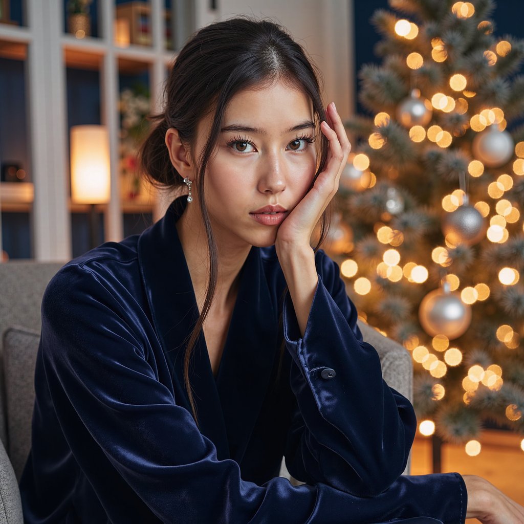 Tight headshot of a woman seated beside a softly glowing midnight-blue Christmas tree. Her body is angled slightly left, chin delicately raised, gaze directly to lens with a calm, graceful expression. She wears a navy velvet wrap top with visible velvet pile and a thin diamond drop earring on each ear.
Hair: smooth side-parted low bun with sleek shine.
Makeup: soft charcoal eyeliner, diffused cool-toned shadow, muted mauve lips, subtle highlight on cheekbones.
Lighting: cool LED fairy-light key from tree (camera-right), balanced with a warm fill from a dim lamp. A faint rim light outlines her hair.
Background: dark blue tree with silver ornaments in creamy bokeh; minimal clutter, shallow DOF.
Camera: 100mm macro portrait, f/2.8; highly detailed, highly realistic, HDR — velvet fibers, diamond glints, and natural skin texture rendered with clarity.