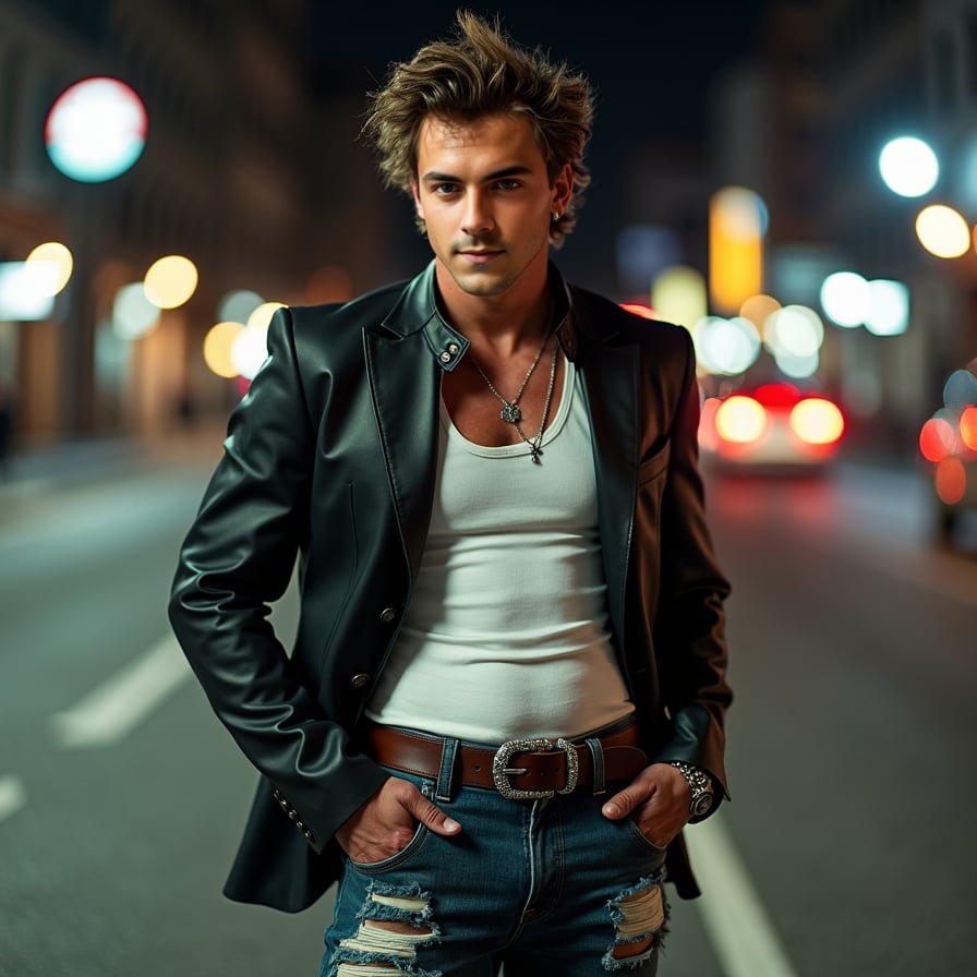 Pose: Standing with his feet shoulder-width apart, with one hand resting on his hip and the other holding a cigarette.
Expression: Confident, with a hint of rebelliousness and a sense of independence.
Clothing: A fitted, black leather jacket, a white tank top, and a pair of distressed, high-waisted jeans, giving off a tough, edgy vibe.
Accessories: A pair of aviator sunglasses, a leather belt with a silver buckle, and a messy, undone hairstyle.
Background: A gritty, urban background with a cityscape at night, evoking the feeling of a bustling metropolis.