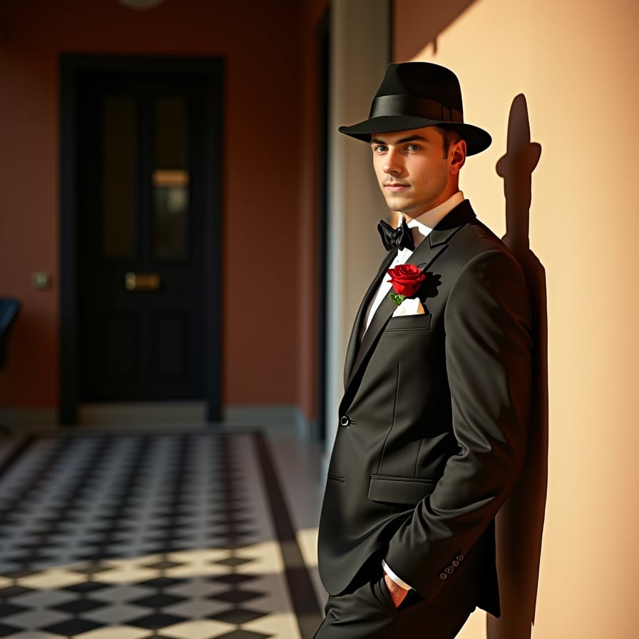 man dressed in a tailored, classic Godfather-inspired suit, wearing a fedora hat, adorned with a small, elegant red rose in his square pocket, standing against a dark, mysterious background with a grid-patterned floor, exuding an aura of sophistication and power.