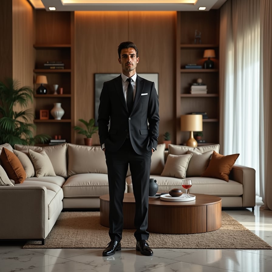 Stylish man in suit, luxury villa, Instagram-ready photo.