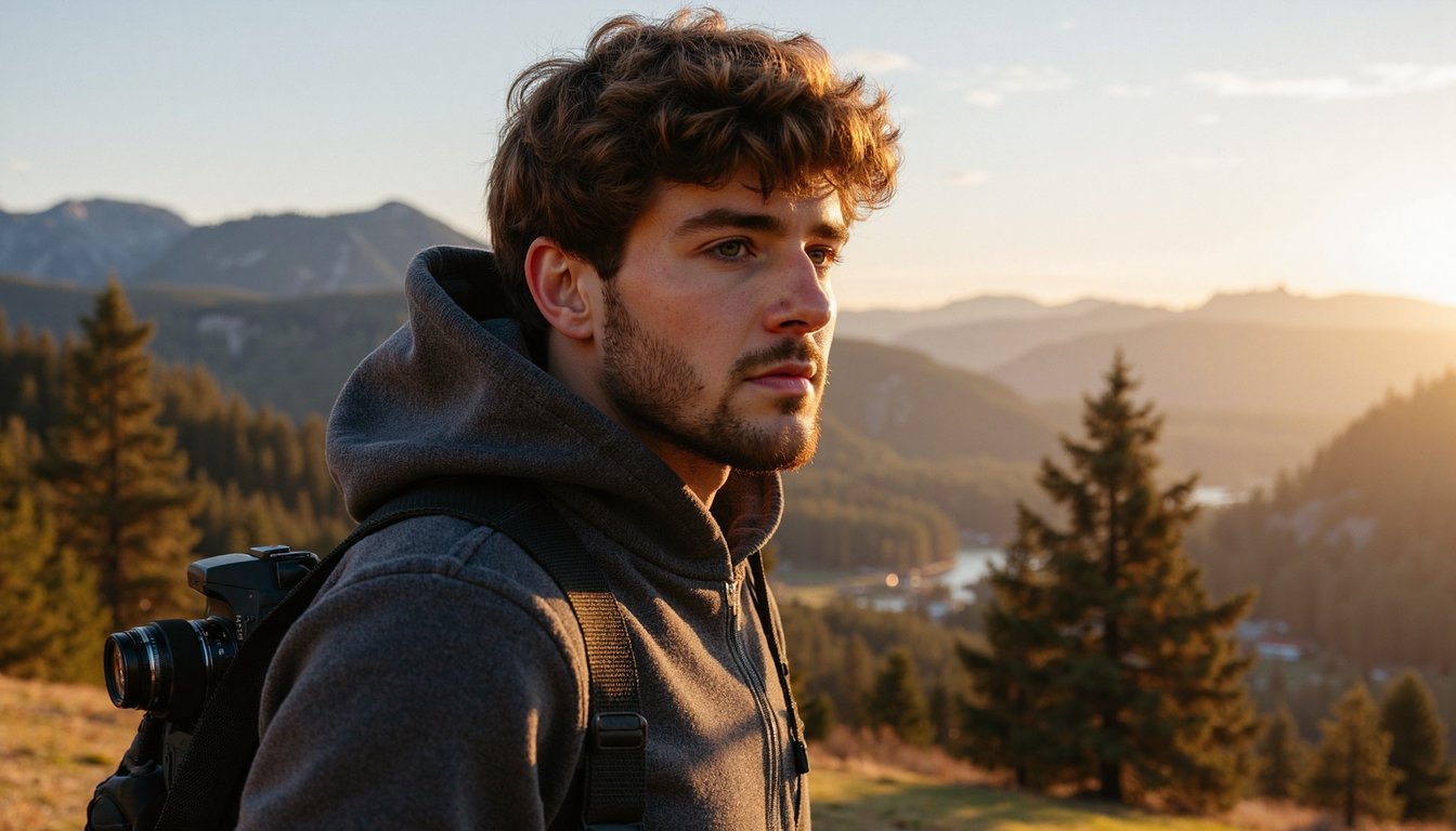 Waist-up shot of a man in a charcoal hoodie with a DSLR slung over his shoulder, standing at a mountain viewpoint during sunrise, golden rim light on his beard, clear eyes looking into the distance, crisp texture on clothing, hyperreal 4K detail, 16:9