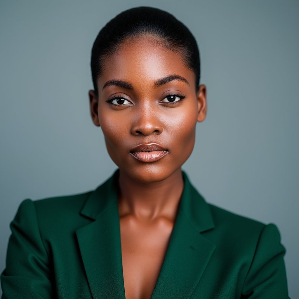 woman wearing a dark green blazer. Her hair is softly pulled back, with a few strands elegantly framing her face. She has subtle mascara and glossy nude lipstick, with realistic gloss reflections. The diffused studio lighting sculpts her cheekbones, emphasizing her clean skin texture. She is captured in a front-on close-up, set against a solid soft blue or grey background.