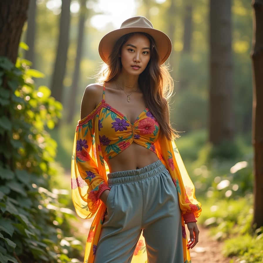 woman posing in a trendy outfit, donned in a fashionable crop top and high-waisted pants, accessorized with a stylish hat and sunglasses, against a chic urban backdrop, capturing a carefree and confident vibe for an Instagram post.