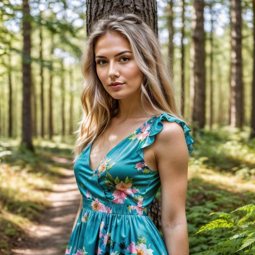 Energetic tropical adventurer, rainforest backdrop, lush greenery, and waterfalls.