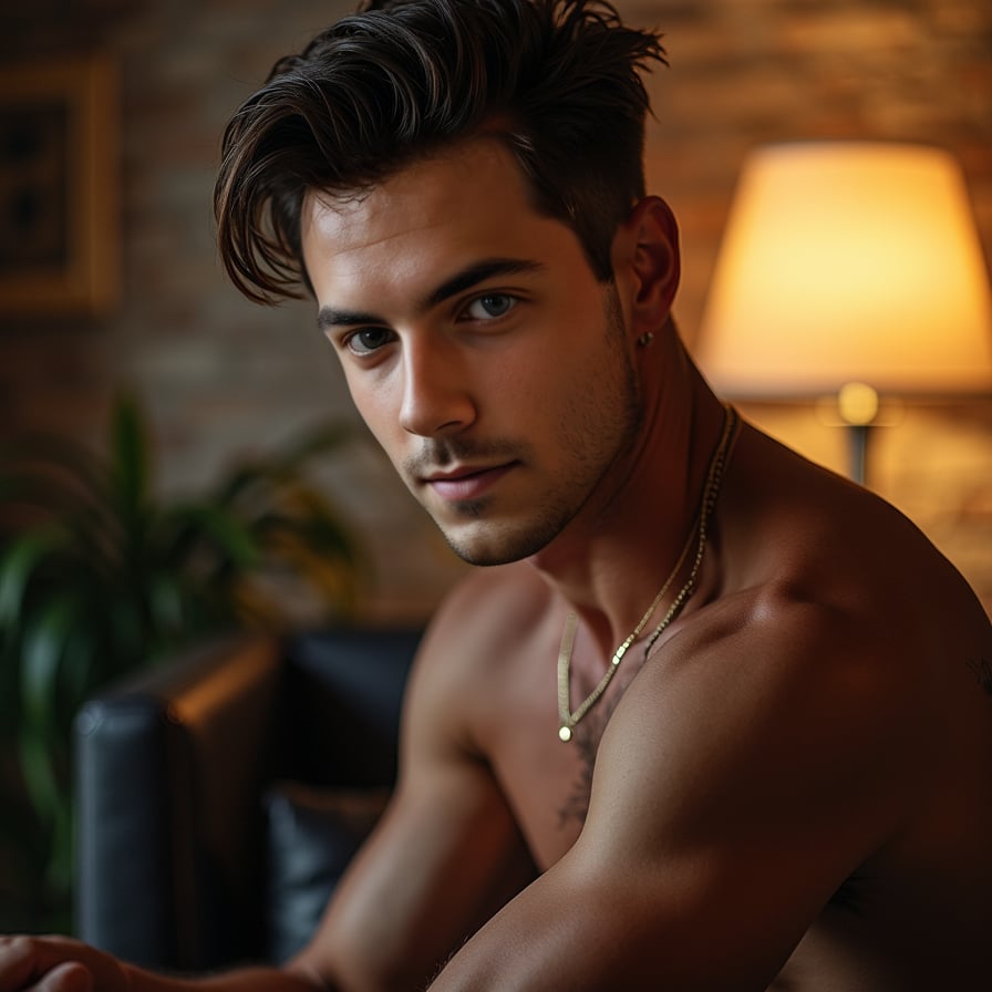 man optimized for profile use. The setting is subtle and elegant, with sophisticated lighting and styling. His expression is confident and approachable, making it audience-ready and visually polished