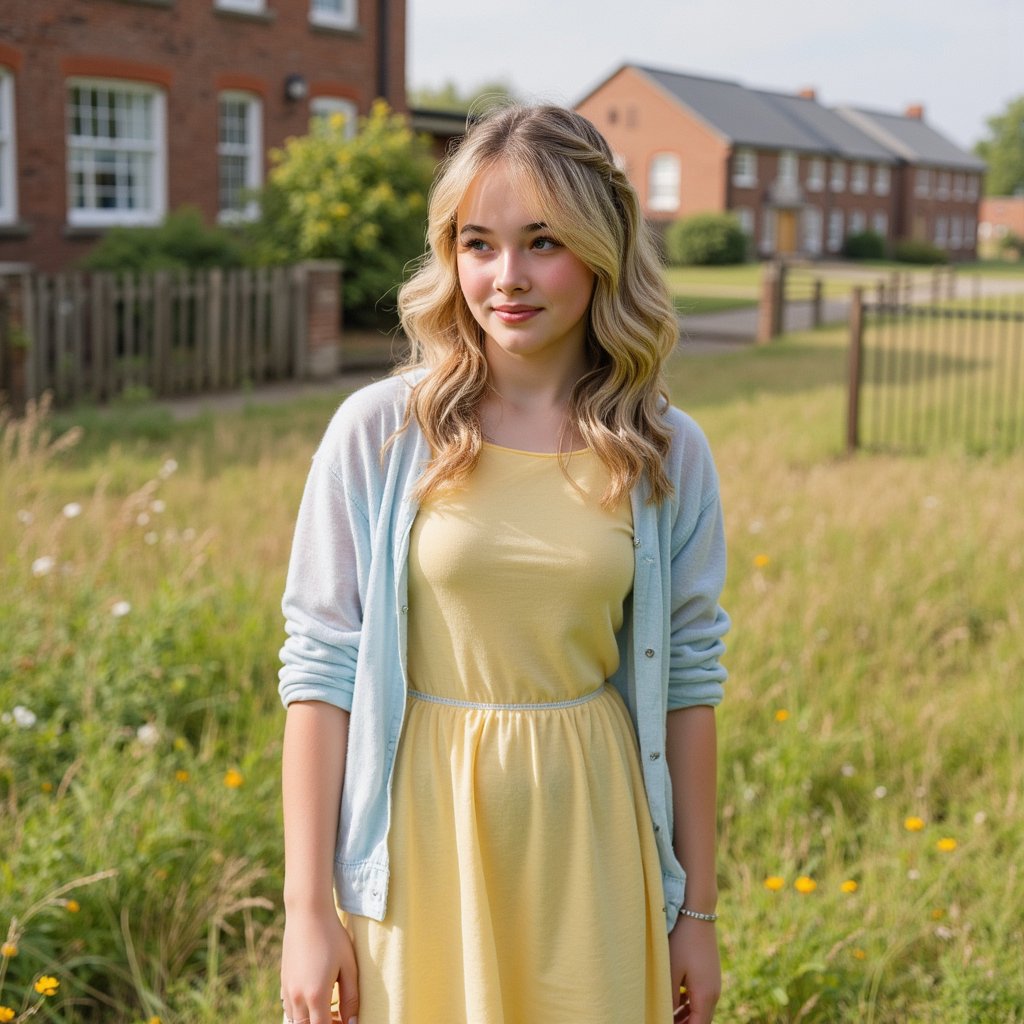 Ultra-realistic 1960s senior girl portrait taken outdoors in a meadow near the school, framed from the waist up with a 55mm lens at f/2 for creamy bokeh. She wears a pastel yellow A-line dress in lightweight cotton, the weave faintly visible, with a thin white belt cinching the waist. A lightweight cardigan in pale sky-blue is draped loosely over her shoulders. Her blonde hair is styled in a half-up twist with curled ends, a small white daisy tucked into one side. Her expression is serene, lips softly parted, gaze lowered toward the ground as if lost in thought. Sunlight filters through tall grass, casting delicate shadows along her dress and forearms. Background is a warm blur of wildflowers and school fencing far in the distance, barely perceptible.