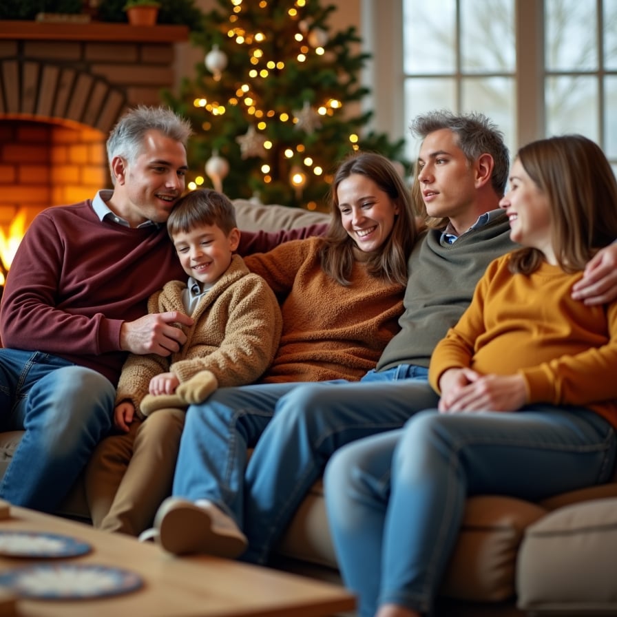 Several family members relaxed on a comfortable sofa, with a decorated tree behind them. Warm light from the fireplace, board games on a coffee table, and heartfelt smiles all reflect a calm, loving environment




