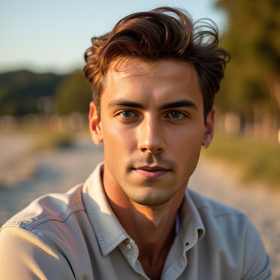 man with a warm, approachable smile. He is styled in casual yet well-fitted attire, such as a crisp shirt or sweater, and set against a natural outdoor backdrop like a park or beach at golden hour. The lighting is soft, enhancing his features and creating a confident yet relaxed vibe