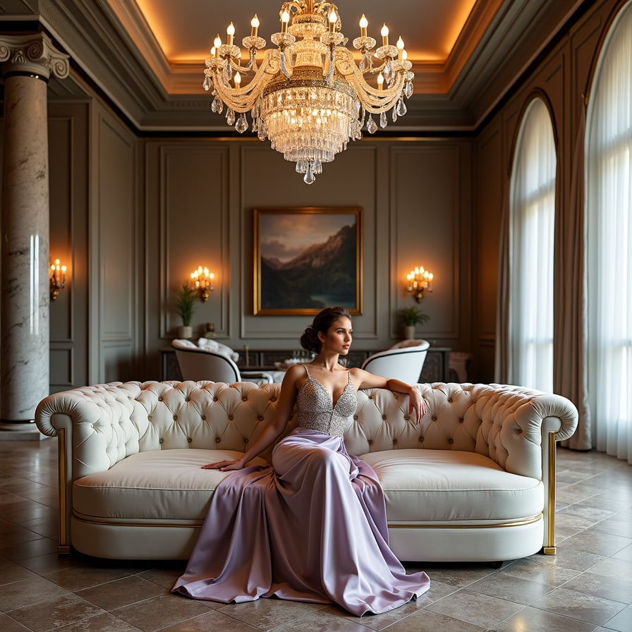 Elegant woman in gown, penthouse, opulent living room.
