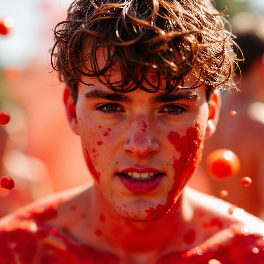 Candid headshot of a young festival-goer surrounded by flying tomato pieces, red juice mist in the air, wet hair slicked back, captured mid-chaos