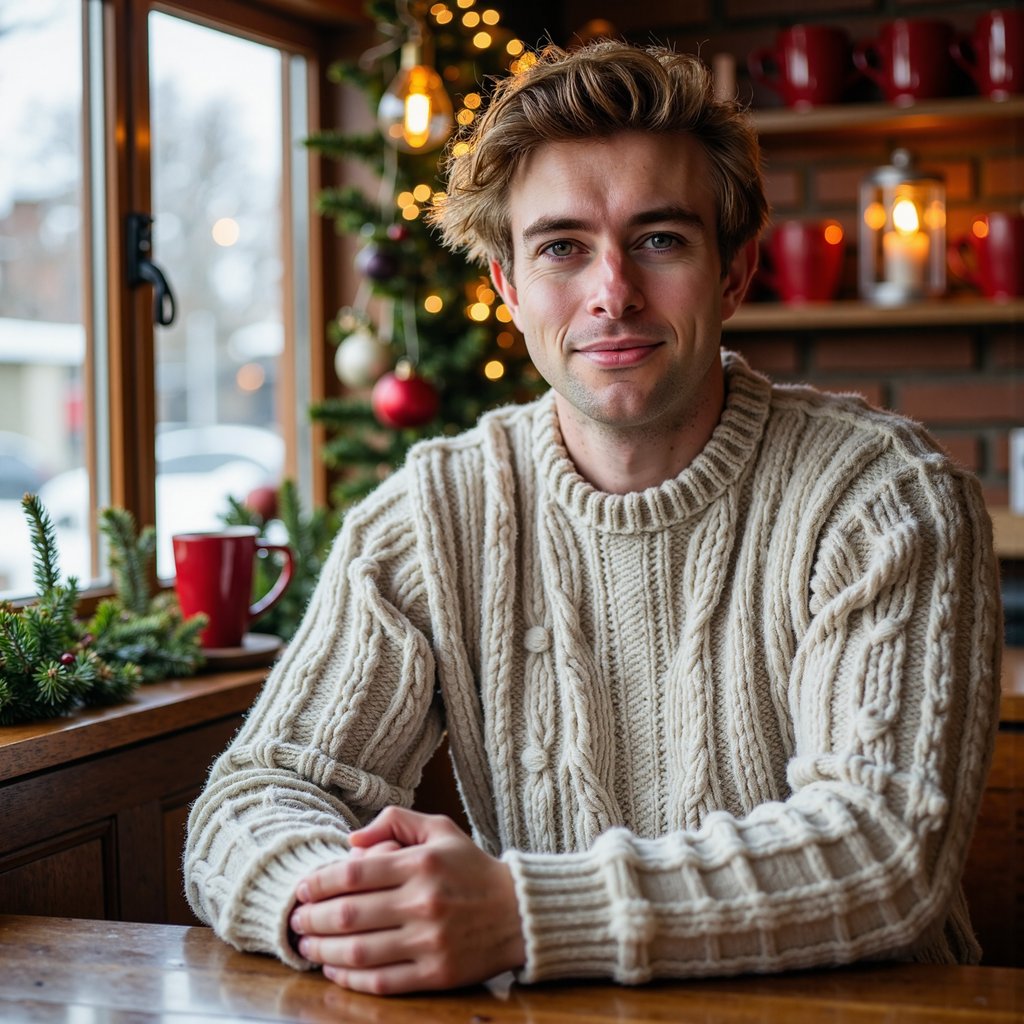 Waist-up portrait of a man seated in a cozy Christmas café booth, leaning slightly forward with elbows relaxed on the table, hands loosely clasped, still and composed. He wears a chunky oatmeal-colored cable-knit sweater with prominent detailed stitching.
Hair: brushed-back medium length, soft texture; light beard.
Lighting: warm overhead café glow with a soft diffused key from a nearby window, gentle shadow falloff for depth.
Background: blurred café shelves with red mugs, pine garland, and a single glowing lantern — minimal clutter, organized bokeh.
Camera: 50mm f/1.6 at eye level; highly detailed, highly realistic, HDR, sweater fibers, beard grain, and warm wood tones crisp.