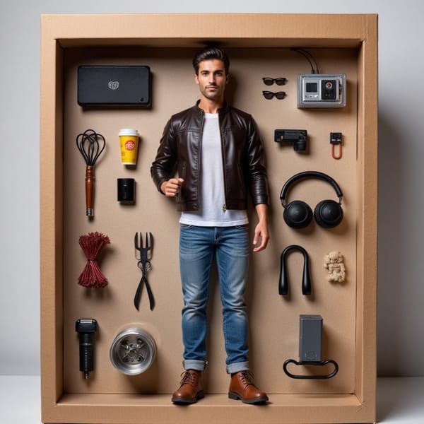 Man with gaming controller, headphones, instant noodles, and a messy desk vibe