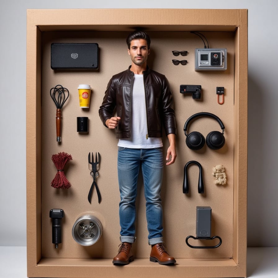 Man with gaming controller, headphones, instant noodles, and a messy desk vibe