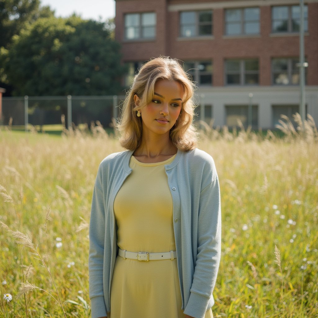 Ultra-realistic 1960s senior girl portrait taken outdoors in a meadow near the school, framed from the waist up with a 55mm lens at f/2 for creamy bokeh. She wears a pastel yellow A-line dress in lightweight cotton, the weave faintly visible, with a thin white belt cinching the waist. A lightweight cardigan in pale sky-blue is draped loosely over her shoulders. Her blonde hair is styled in a half-up twist with curled ends, a small white daisy tucked into one side. Her expression is serene, lips softly parted, gaze lowered toward the ground as if lost in thought. Sunlight filters through tall grass, casting delicate shadows along her dress and forearms. Background is a warm blur of wildflowers and school fencing far in the distance, barely perceptible.
