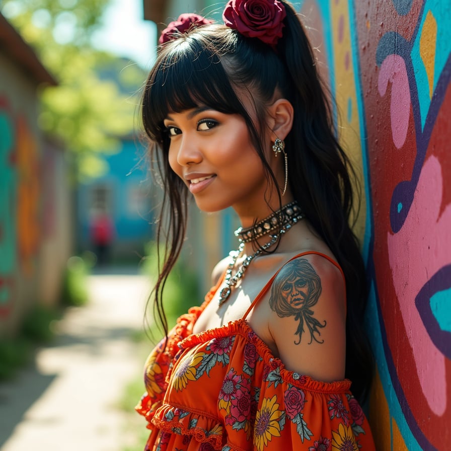 woman in vibrant, flowing maxi dress with floral patterns and layered ruffles, adorned with statement jewelry, posing against a bright and airy outdoor backdrop with lush greenery.