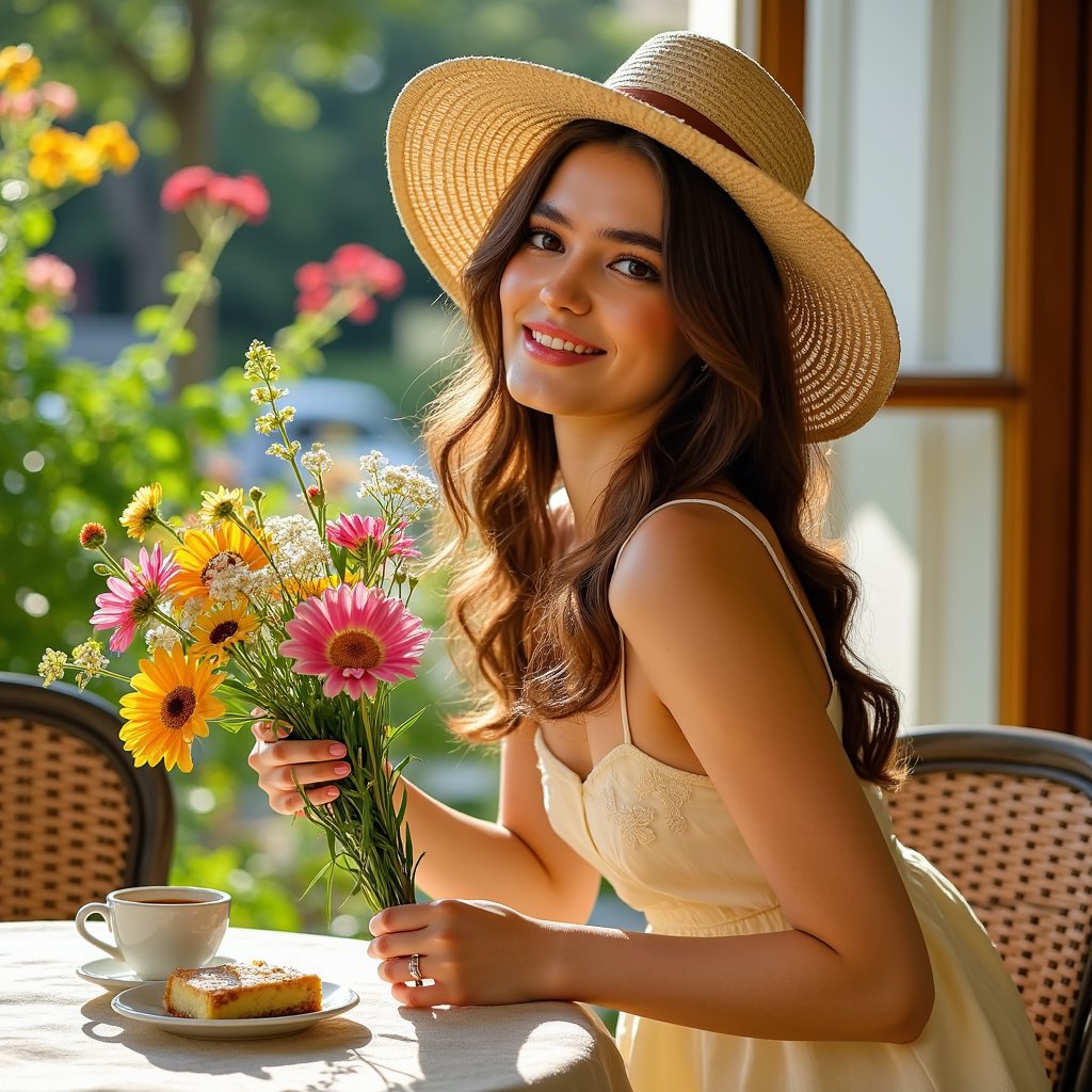 woman wearing a pastel yellow sundress with delicate floral embroidery, and a wide-brimmed straw hat. Her hair is styled in loose, voluminous curls cascading over her shoulders. She wears subtle, iridescent eye makeup and a natural, dewy lip gloss. She is playfully holding a vibrant bouquet of wildflowers, gazing towards the horizon with a serene expression. The setting is a sun-drenched botanical garden, with lush green foliage and blooming colorful flowers in the gently blurred background. The lighting is soft and golden, typical of a late afternoon.