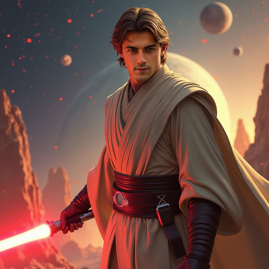 hero in iconic Star Wars attire, holding a lightsaber, standing confidently in a dramatic pose against a backdrop of stars and planets, with a sense of determination and courage