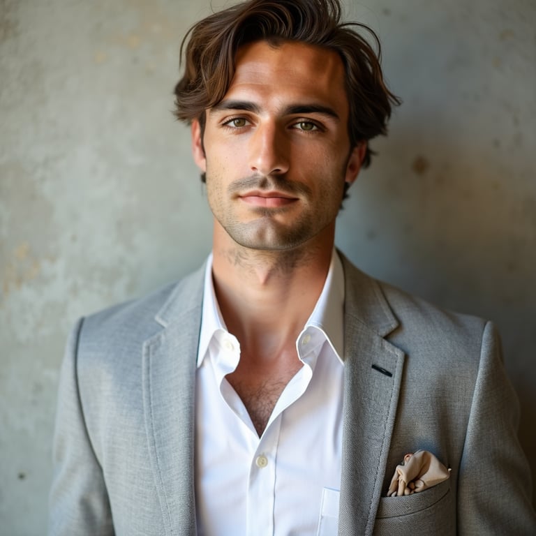 man in timeless attire, such as a crisp white shirt or a blazer. He is posed aga