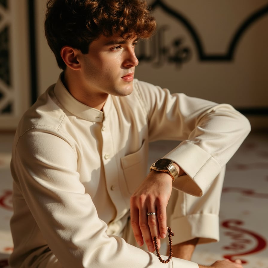 Knee-up portrait of a man seated with prayer beads in hand, dressed in a cream sherwani, subtle lantern light casting gentle shadows, inspired by Mawlid gathering atmosphere