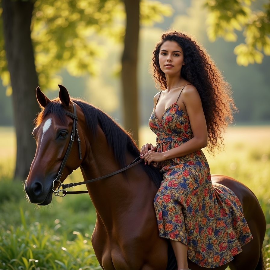 woman in elegant riding attire, long curly hair flowing in the wind, sitting con