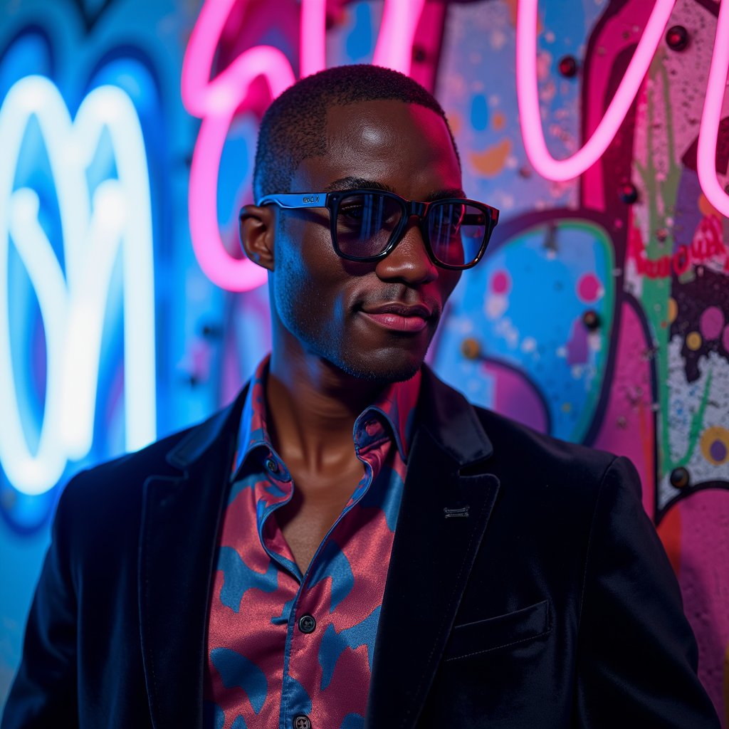 Tight headshot of a male model wearing reflective black sunglasses, slight facial stubble, and glossy skin. Standing against a neon graffiti wall softly blurred. Side-lit in blue and pink hues. Wet skin highlights visible, realistic stubble and facial pores captured sharply.