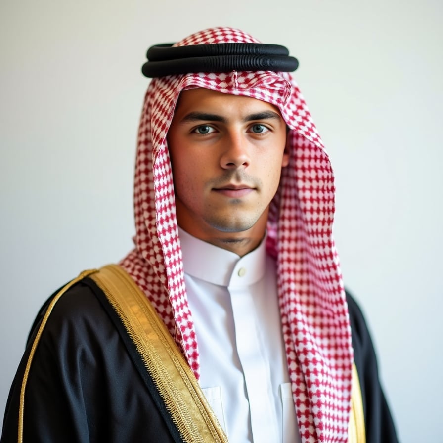 A passport-size photo of a person wearing a traditional thobe and keffiyeh, adhering to cultural norms. The background is plain and light-colored, with balanced lighting and no shadows. The individual is centered and has a neutral expression